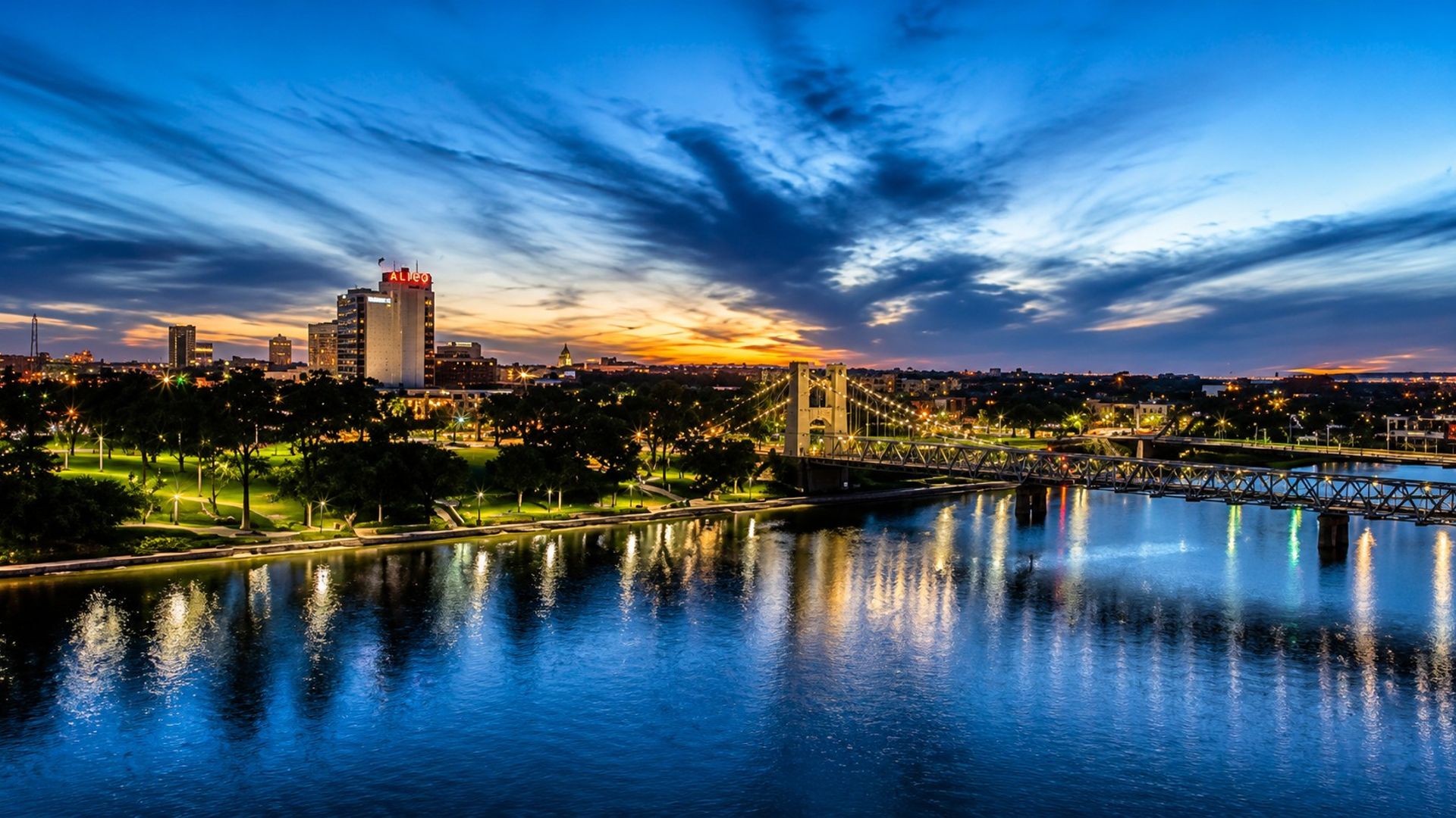 Downtown Waco skyline at dusk over the Brazos River