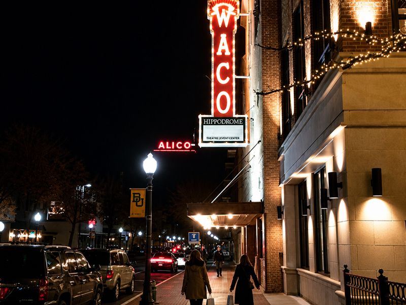 Historic Waco Hippodrome theatre sign on a downtown evening