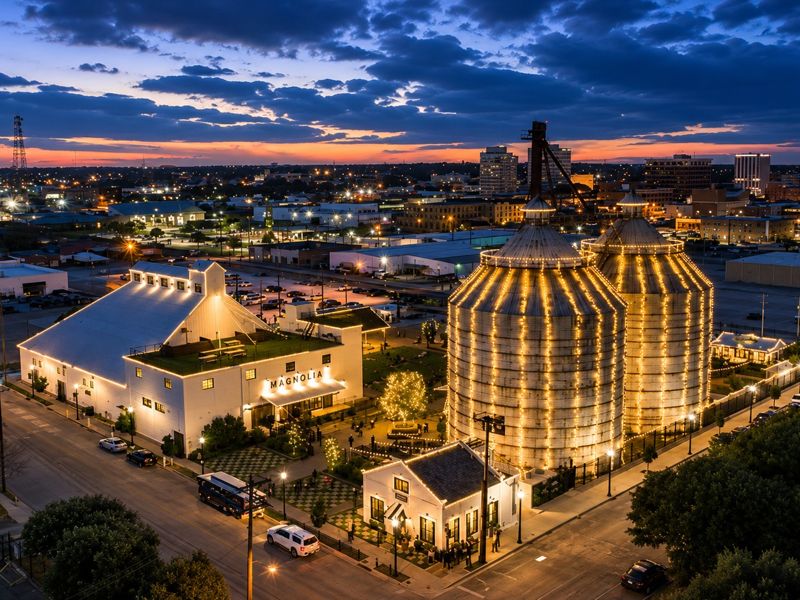 Magnolia silos lit up at night